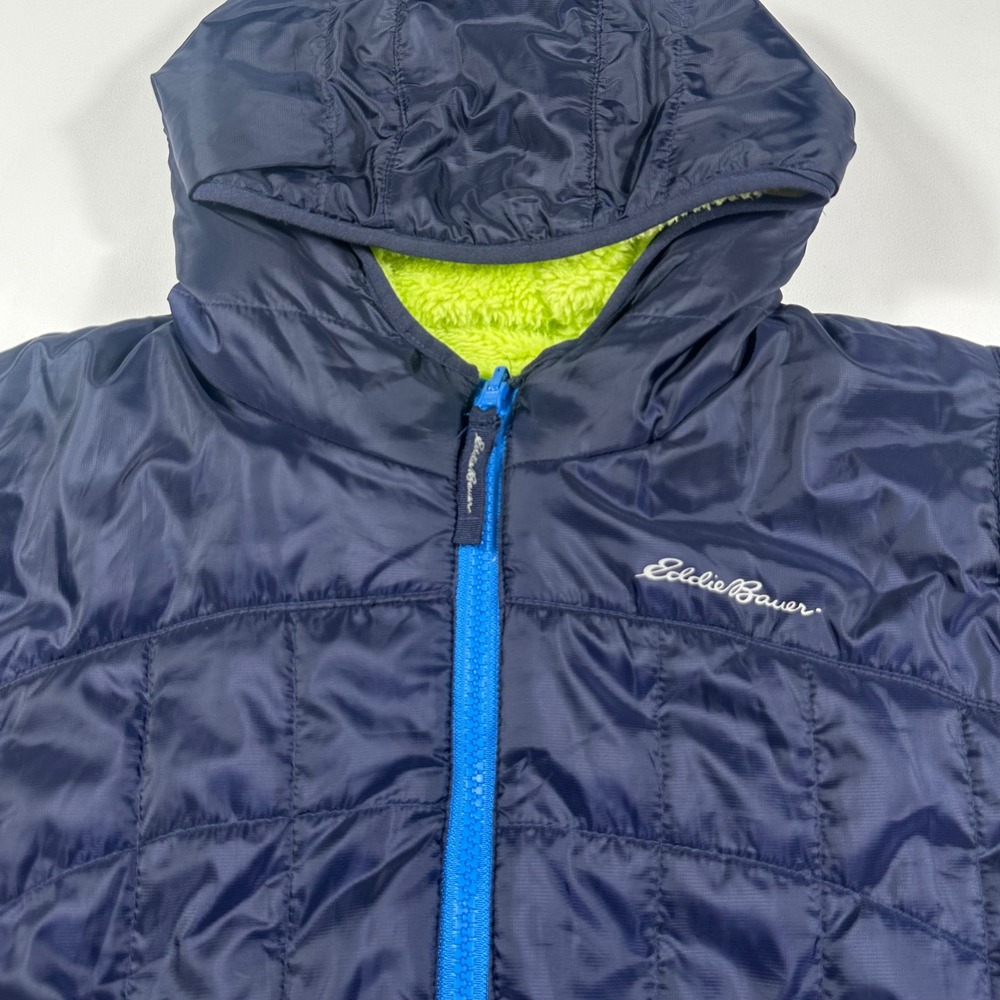 Eddie Bauer Puffer Jacket Kids M 10/12 Hooded Fleece Lined Navy Blue 9390W067